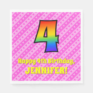 4th Birthday: Pink Stripes & Hearts, Rainbow # 4 Napkin