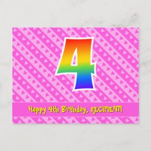 4th Birthday: Pink Stripes & Hearts, Rainbow 4 Postcard