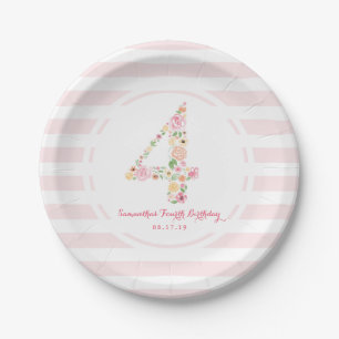 4th Birthday Pink Stripes & Watercolor Floral FOUR Paper Plate