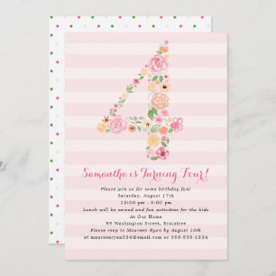 4th Birthday Pink Watercolor Florals in Number 4 Invitation
