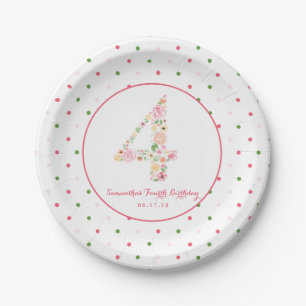 4th Birthday Polka Dots and Watercolor Floral FOUR Paper Plate