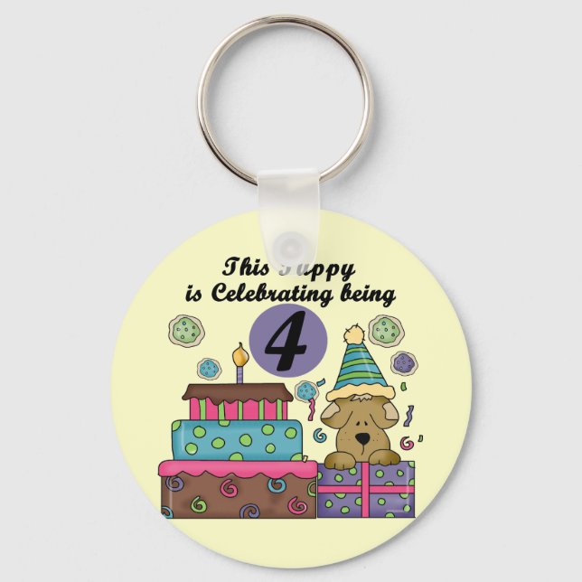 4th Birthday Puppy T-shirts and Gifts Key Ring (Front)