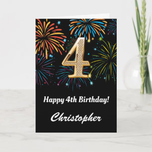 4th Birthday Rainbow Fireworks Black and Gold Card