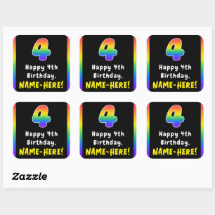 4th Birthday: Rainbow Spectrum # 4, Custom Name Square Sticker