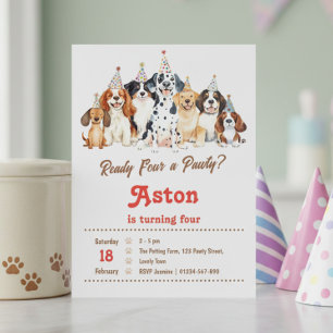 4th Birthday Ready Four a Pawty Puppy Dog Theme  Invitation