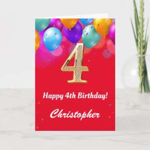 4th Birthday Red and Gold Colourful Balloons Card