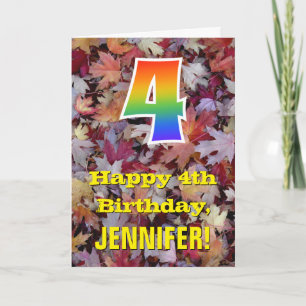 4th Birthday; Rustic Autumn Leaves; Rainbow "4" Card