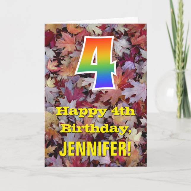 4th Birthday; Rustic Autumn Leaves; Rainbow "4" Card (Front)