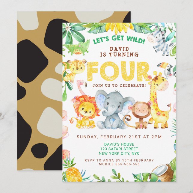 4th Birthday Safari Animals Jungle Theme Zoo FOUR Invitation (Front/Back)