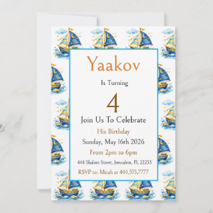4th Birthday Sailboat Blue Gold Coastal Ocean Luxe Invitation