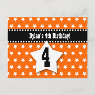 4th Birthday Save the Date D001 ORANGE STARS Announcement Postcard