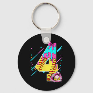 4th Birthday Softll Ice Cream Drip Bow 4 Years Kid Key Ring