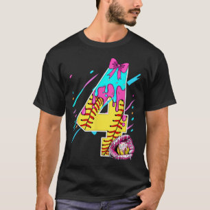 4th Birthday Softll Ice Cream Drip Bow 4 Years Kid T-Shirt