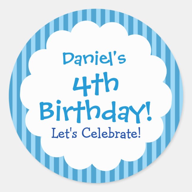 4th Birthday Sticker Blue Stripes V1C (Front)