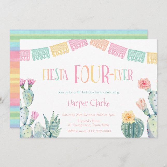 4th Birthday Taco Party - Fiesta FOURever Girl Invitation (Front/Back)