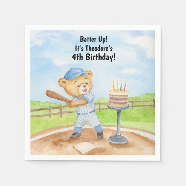 4th Birthday Tee Ball Teddy Bear Baseball Napkin (Front)