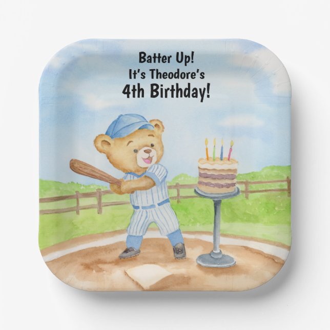 4th Birthday Tee Ball Teddy Bear Baseball Paper Plate (Front)