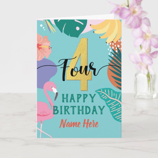 4th Birthday Tropical Flamingo Botanical Flower Card (Orchid)