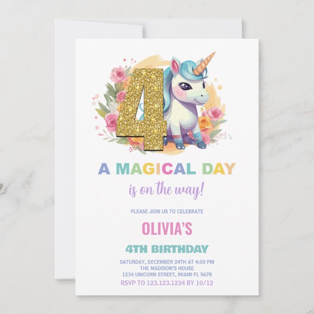 4th Birthday Unicorn Birthday Invitations (Front)