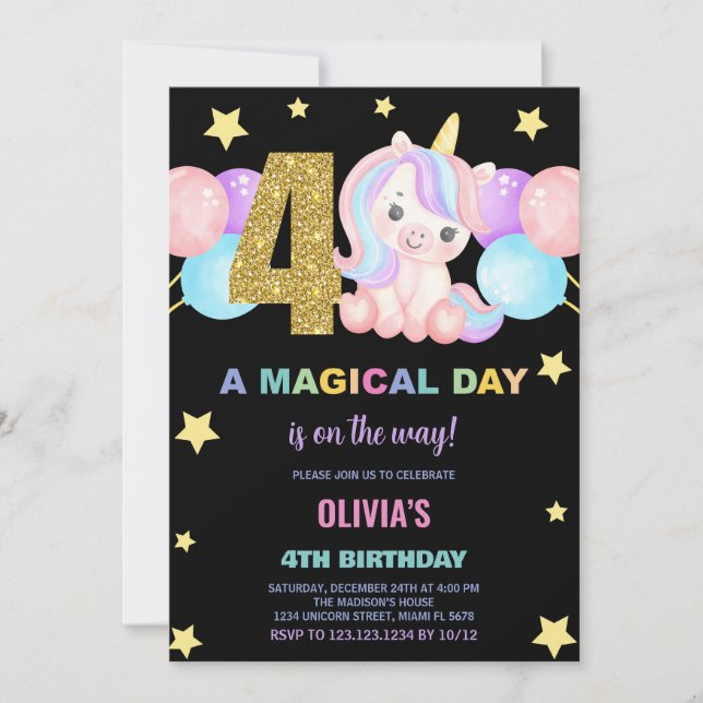 4th Birthday Unicorn Birthday Invitations (Front)