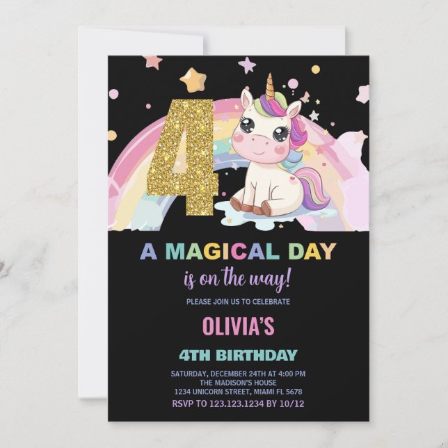 4th Birthday Unicorn Birthday Invitations (Front)