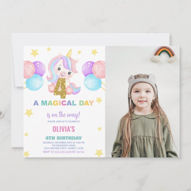 4th Birthday Unicorn Birthday Invitations photo (Front)
