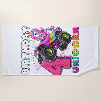 4th Birthday Unicorn Monster Truck Birthday Party  Beach Towel