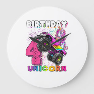 4th Birthday Unicorn Monster Truck Birthday Party  Large Clock