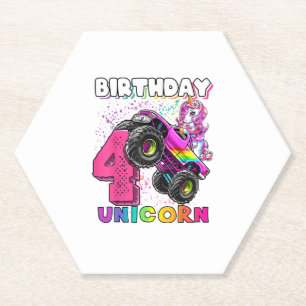 4th Birthday Unicorn Monster Truck Birthday Party Paper Coaster