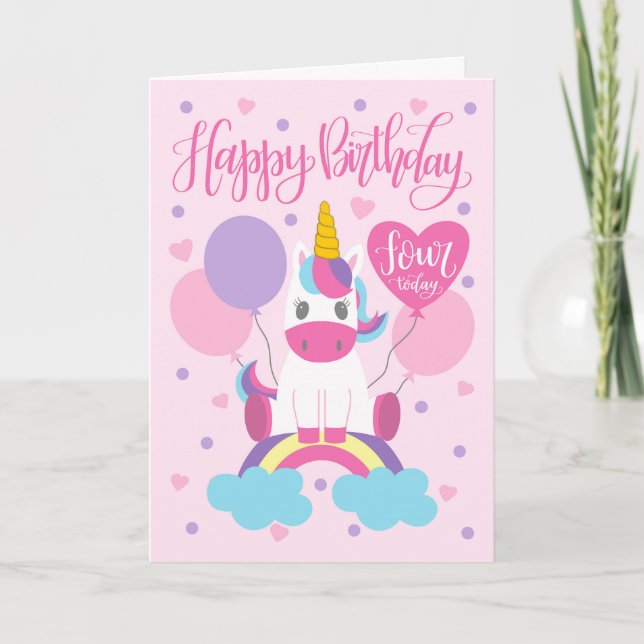 4th Birthday Unicorn Sitting On Rainbow Card (Front)