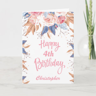 4th Birthday Watercolor Botanical Pink Floral Card