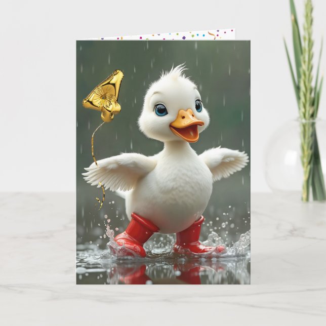 4th Birthday White Duckling In a Rain Puddle  Card (Front)