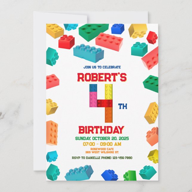 4th Building Blocks Birthday, Building Bricks Invitation (Front)