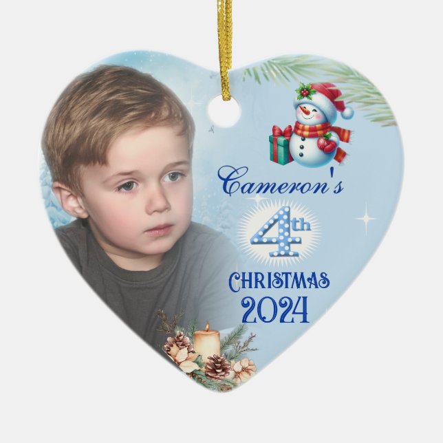 4th Christmas Personalized Boy's Photo Heart Gift Ceramic Ornament (Front)