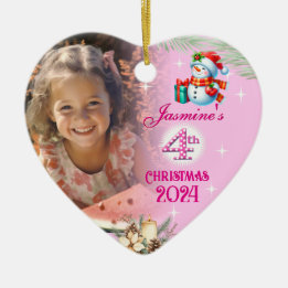 4th Christmas Personalized Girl Photo Heart Gift  Ceramic Ornament