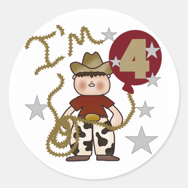 4th Cowboy Birthday Tshirts and Gifts Classic Round Sticker (Front)