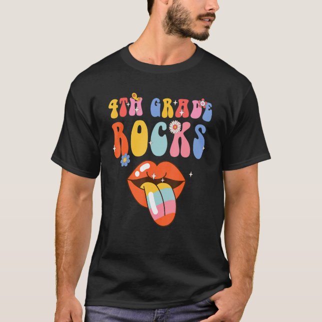 4th Grade Rocks Retro Groovy Back To School Teache T-Shirt (Front)