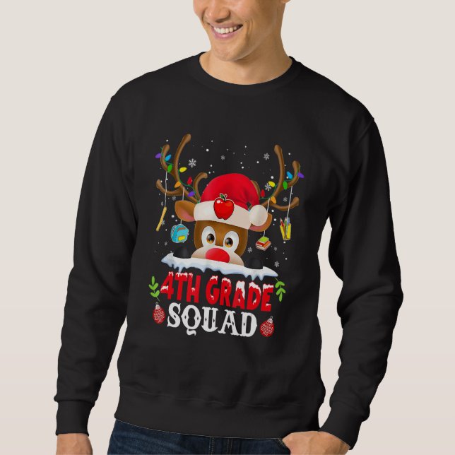 4th Grade Squad Plaid Reindeer Santa Hat Teacher C Sweatshirt (Front)