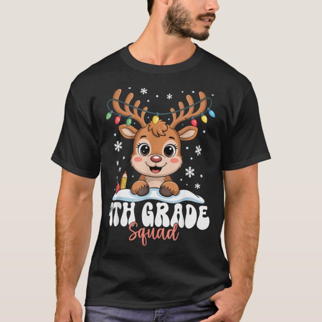 4th Grade Squad Reindeer Christmas Lights Cute Win T-Shirt (Front)