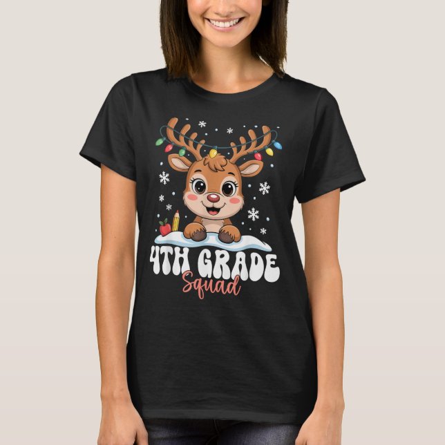 4th Grade Squad Reindeer Christmas Lights Cute Win T-Shirt (Front)