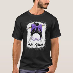 4th Grade Teacher Messy Bun Women Purple Back To S T-Shirt