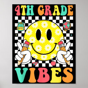 4th grade vibes retro smile face teacher kids back poster
