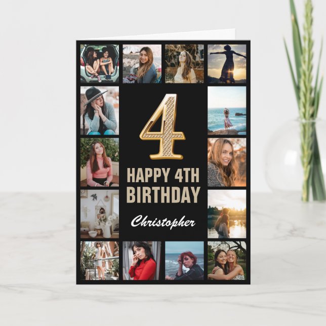 4th Happy Birthday Black and Gold Photo Collage Card (Front)