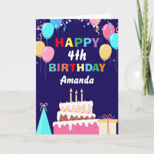 4th Happy Birthday Colourful Balloon Cake Navy Blu Card