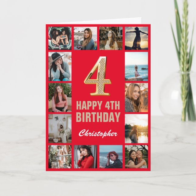 4th Happy Birthday Red and Gold Photo Collage Card (Front)