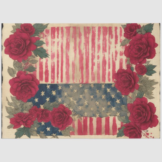 4th July American Independence Flag Red Rose Frame Tissue Paper (Front)