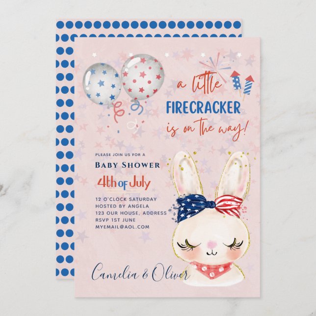 4th July BABY SHOWER INVITE Firecracker Bunny (Front/Back)