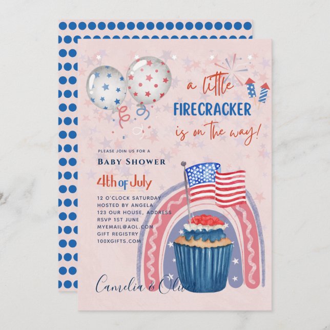 4th July BABY SHOWER INVITE Firecracker Cupcake (Front/Back)