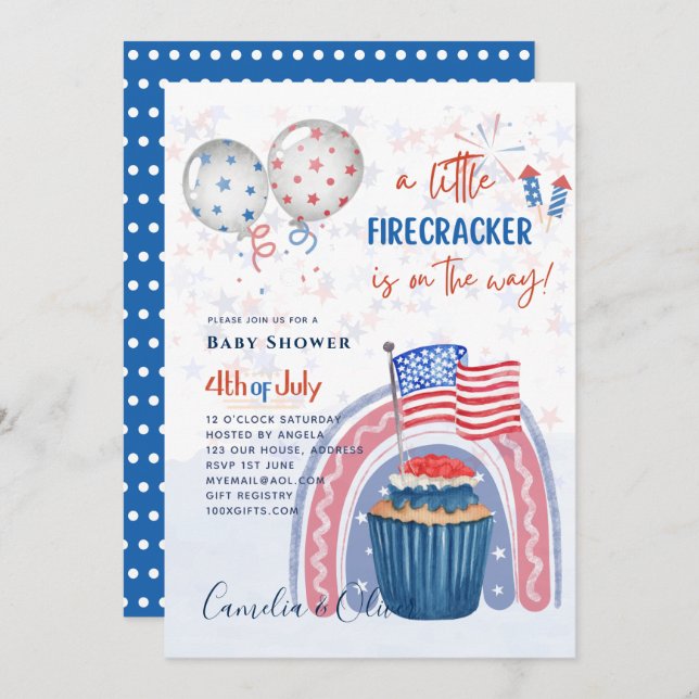 4th July BABY SHOWER INVITE Firecracker Cupcake (Front/Back)