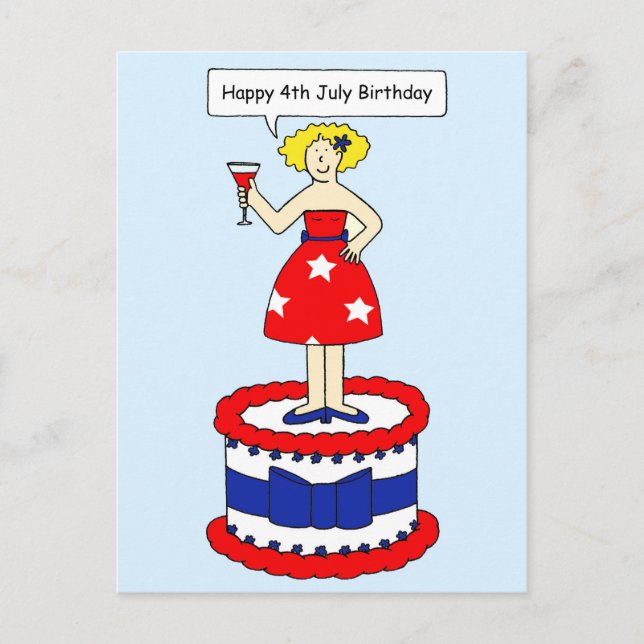 4th July Birthday Cartoon Lady on a Giant Cake Postcard (Front)